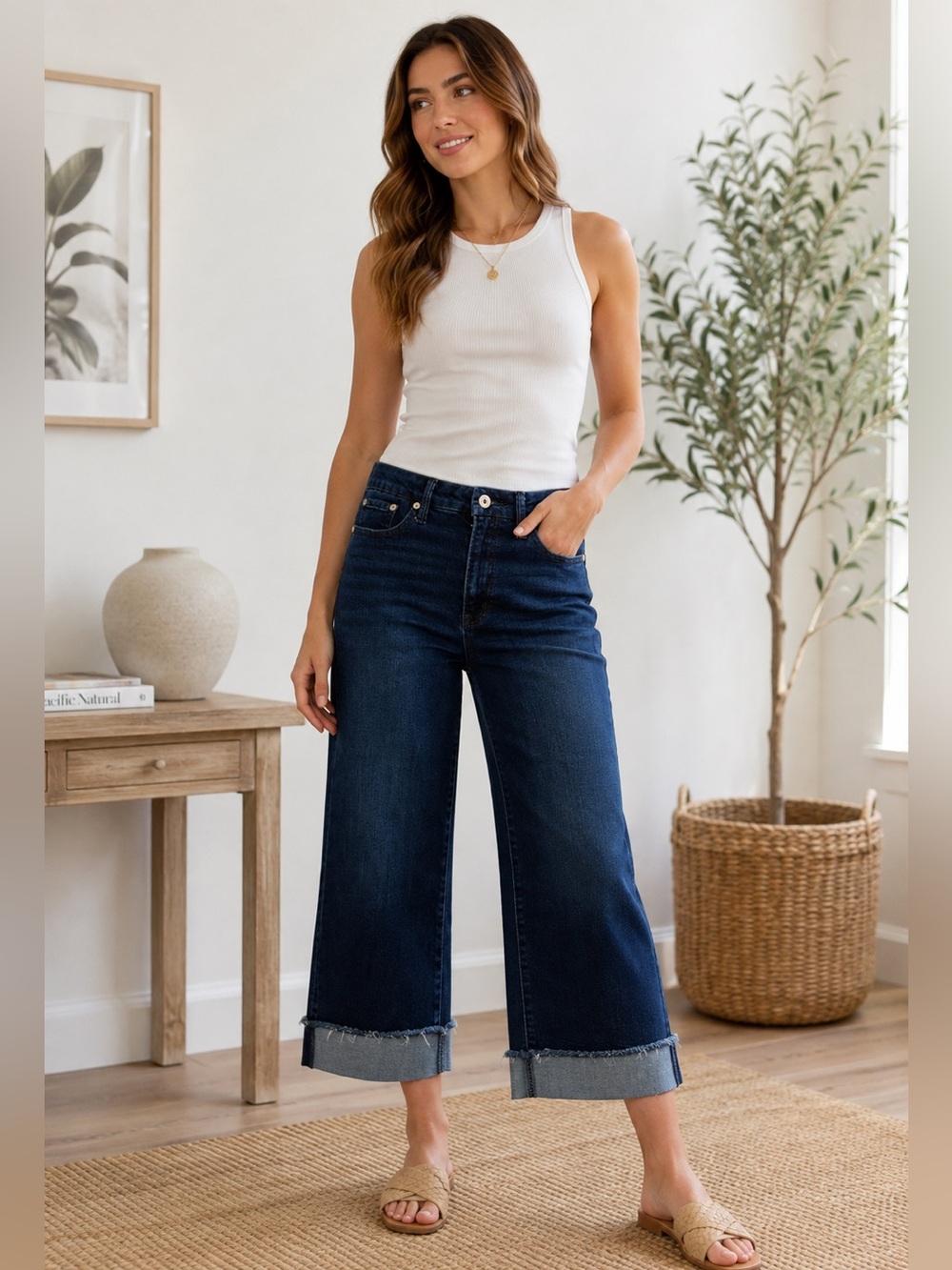 Umgee Size 26 Dark Wash Cropped Wide Leg Jeans Raw Cuff Hem Stretch Denim